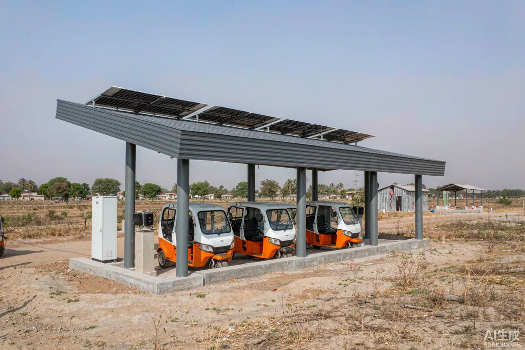 Off-grid solar charging station with canopy shading parked electric three-wheelers